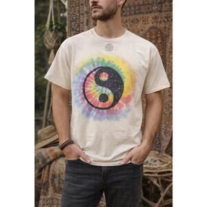DOM Tie Dye Yin Yang Graphic Tee Shirt Short Sleeve Adult L Natural 100% Cotton